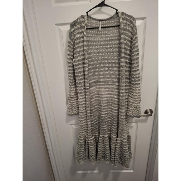 Free People Sweaters - Free People Small Gray Striped Long Flare Ruffle Accent Bohemian Duster Cardigan